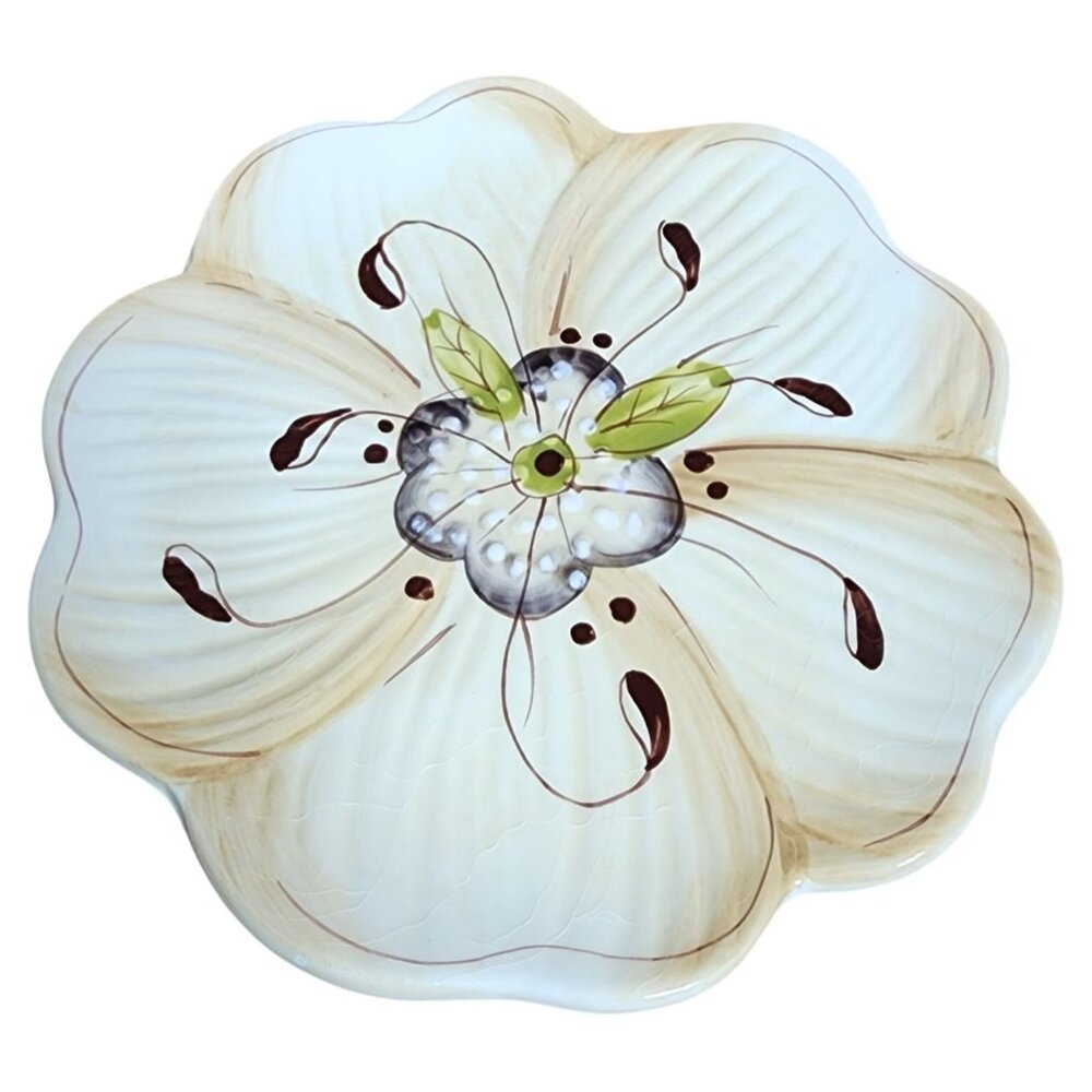 Laurie Gates Hand Painted Flower Salad Plate Floral Dinnerware Serving Neutrals